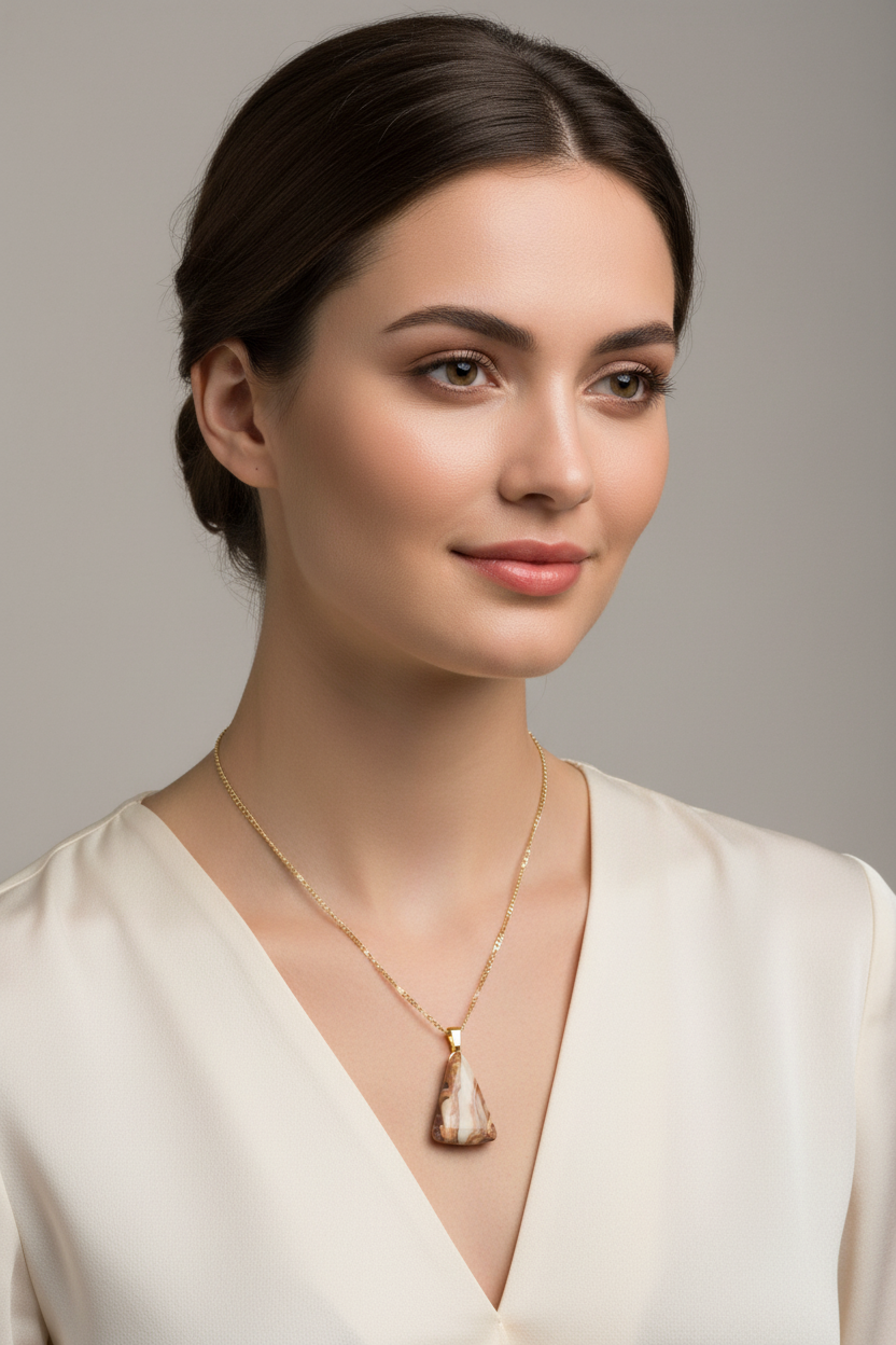 Banded Rhyolite pendant on model with reduced reflection