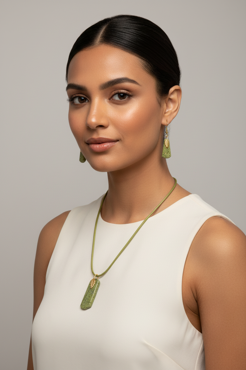 Copper Ore Flecks necklace and earrings set on model