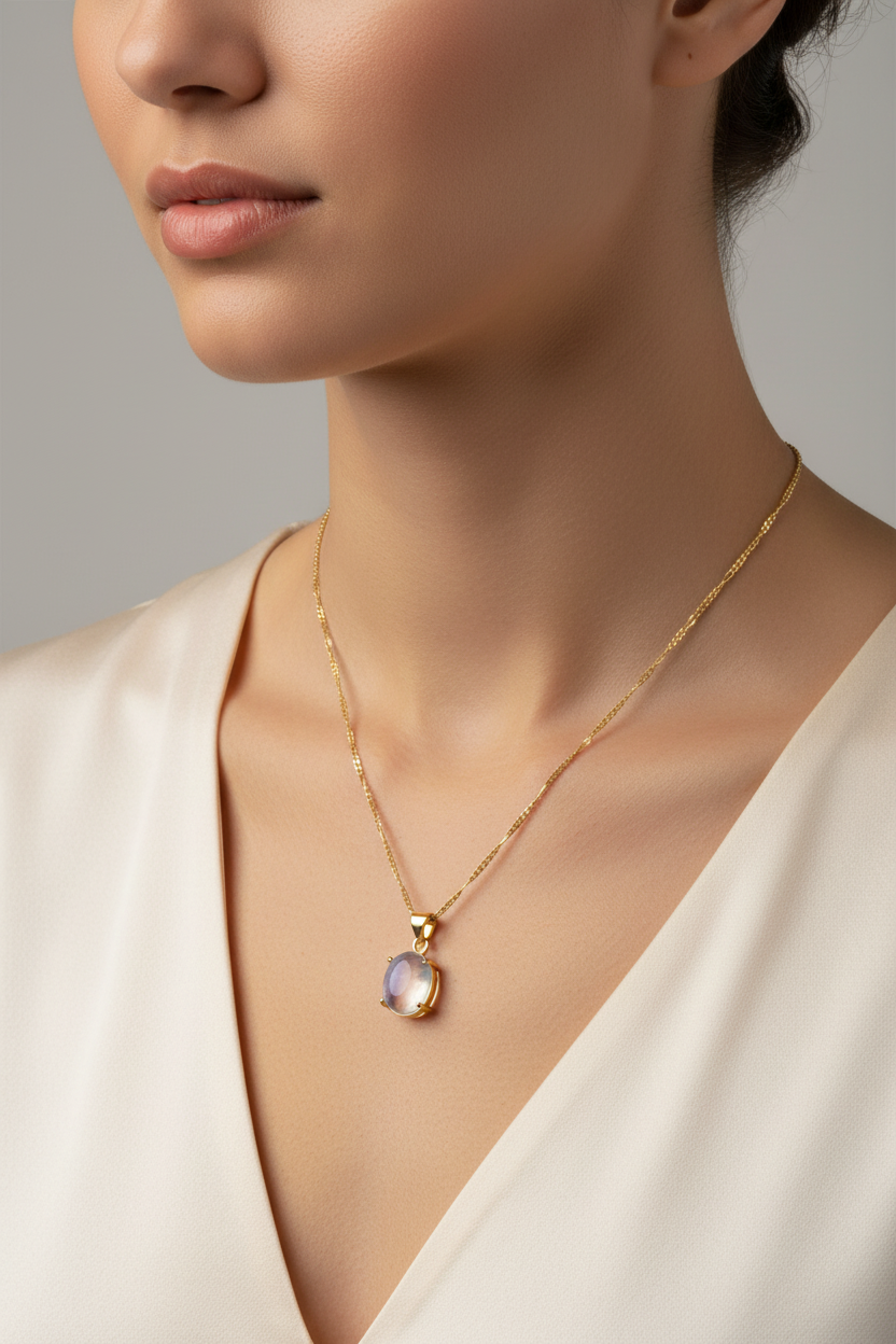 Over the Moon necklace on model - natural moonstone