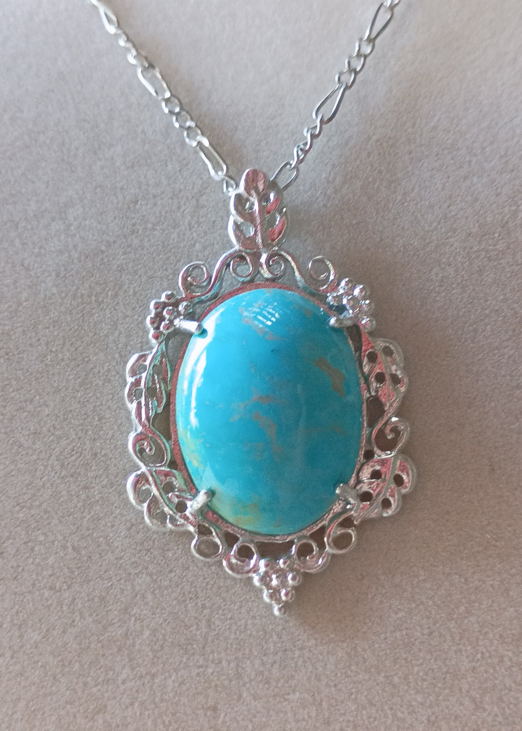 Hand cut Vintage 1970's Fox Mine Turquoise Filigree Pendant Necklace in .925 Sterling Silver