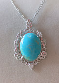 Hand cut Vintage 1970's Fox Mine Turquoise Filigree Pendant Necklace in .925 Sterling Silver