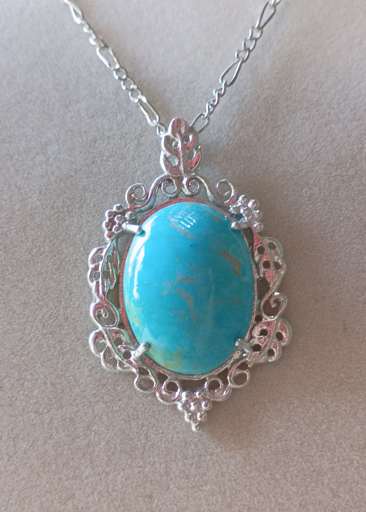 Hand cut Vintage 1970's Fox Mine Turquoise Filigree Pendant Necklace in .925 Sterling Silver