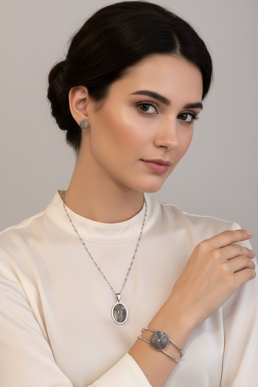 Storm Clouds Agate Set on Model - Full Set