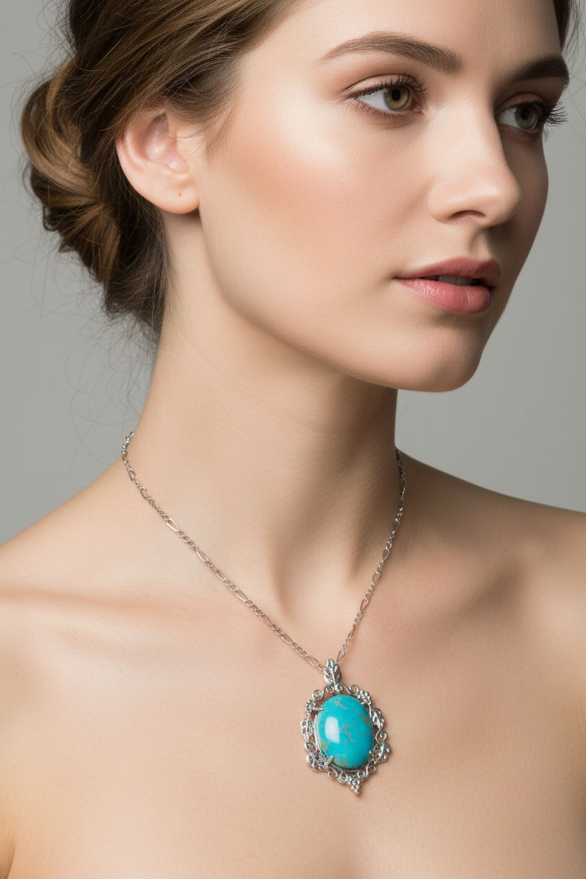 Turquoise Filigree Pendant on Model